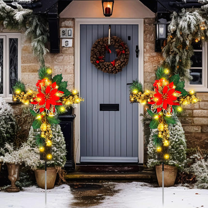 Ganeen 2 Pcs Solar Stake Christmas Outdoor Decorations Christmas Yard Stake Decor LED Lights Cemetery Grave Cross Stake Christmas Poinsettia Decor for Holiday Garden Pathway Lights (Poinsettia)