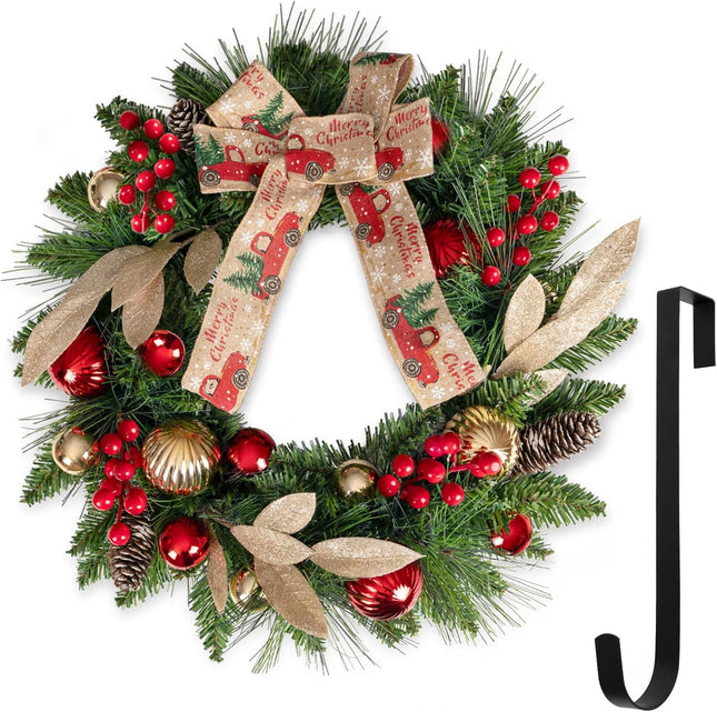 VENTIMI Christmas Wreath for Front Door, 16 Inch Christmas Wreaths with Khaki Bow & Ball Ornaments, Christmas Decor for Windows, Outdoor Indoor Christmas Decorations with 11 Inch Metal Hanger