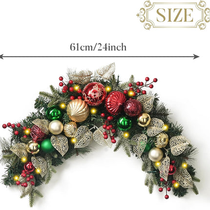 Valery Madelyn Pre-Lit Christmas Swag Outdoor, 24 Inch Mailbox Christmas Decorations Swag Teardrop for Front Door Stairs Railing Window Xmas Decor with 20 LED Lights Red Green Gold Ball Ornament