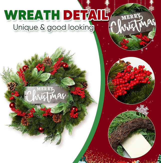 Christmas Wreath with Christmas Signs, 22" Christmas Wreath for Front Door Winter Pine Wreath with Magnolia Leaves, Red Balls Ornaments Xmas Wreath Outdoor for Windows Wall Porch Decor