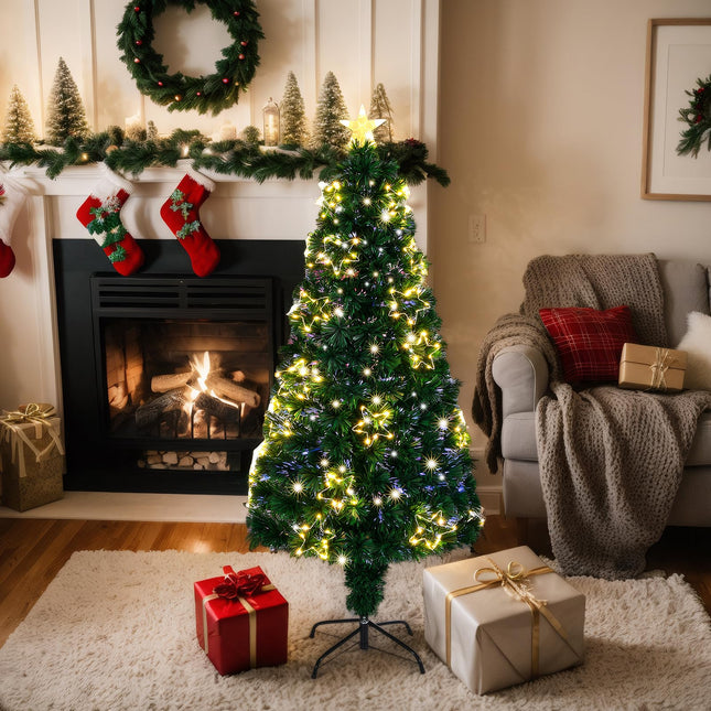 VINGLI 4ft Pre-lit Fiber Optic Christmas Artificial Tree w/Multicolor LED Lights, Stars & Star Topper, Xmas Full Tree for Indoor Holiday Home Decoration