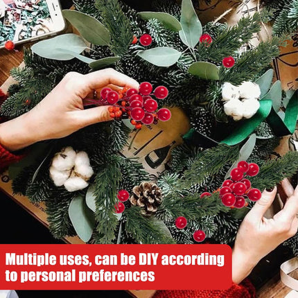CIEOVO 60 Pcs Christmas Artificial Pine Branches with Red Berry Stems, Faux Evergreen Norfolk Pine Cypress Leaves Stems- Fake Foliage Pine Needles Picks for DIY Wreath Xmas Garlands Home Decoration