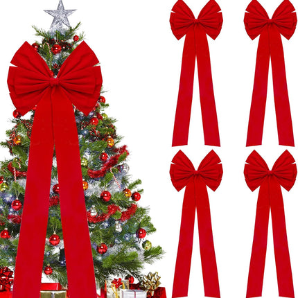 4 Pack Christmas Bows Decoration Large, 18”x35” Car Bow, Christmas Tree Bow Topper Red, Wreath Bow, Christmas Red Velvet Bows, for Xmas Home Front Door Patio Outdoor Decor