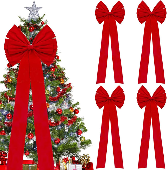 4 Pack Christmas Bows Decoration Large, 18”x35” Car Bow, Christmas Tree Bow Topper Red, Wreath Bow, Christmas Red Velvet Bows, for Xmas Home Front Door Patio Outdoor Decor