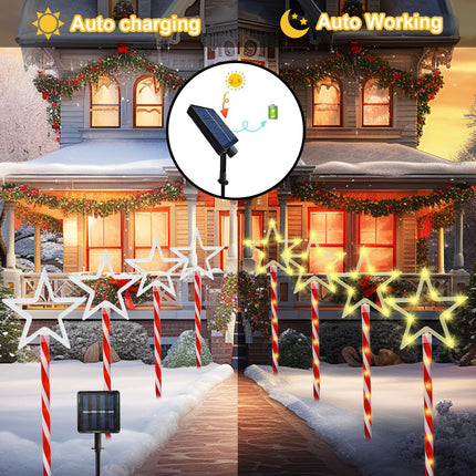 Christmas Decorations Warm White Star Lights Solar Garden Lights, Outdoor Waterproof Landscape Path Lights with Red Stake, 8 Pack 120 LED Solar Outside Christmas Lights for Yard Pathway Lawn Decor