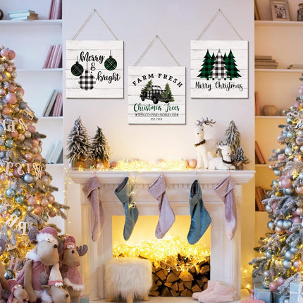 Gerrii 4 Pieces Christmas Wall Hanging Decor Merry Christmas Sign Christmas Trees Buffalo Plaid Truck Decor Wooden Farmhouse Hanging Plaque Xmas Wreath for Home Front Door Holiday Decor (Plaid Style)