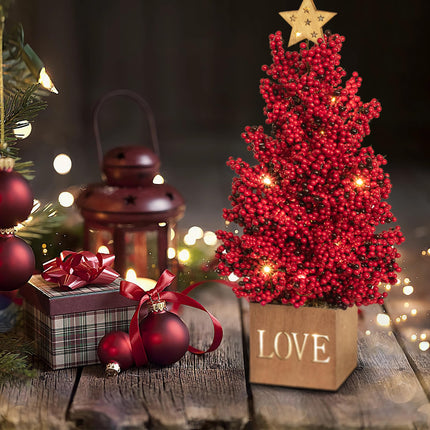 KI Store Lighted Red Berry Tree Tabletop Tree 16-Inch Potted Red Berry Christmas Tree with Lights and Timer for Xmas Party Table Centerpieces