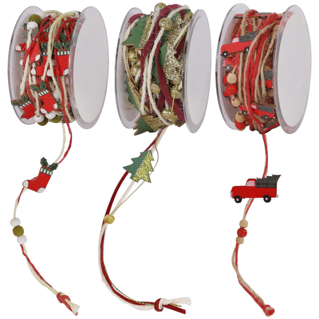 winemana 3 Pack 16.4 FT Christmas Bead Ribbon, Christmas Tree Trim Rope with Stockings & Red Truck, Xmas Decorations for Garland, Wreath, Wrapping, DIY Crafts Ornaments, Wedding Party Decor