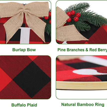 Christmas Joy Wreath for Front Door - Rustic Wooden Buffalo Plaid Xmas Wreath, 14Inch Large Sign for Indoor Home Window Wall Farmhouse Party Decor