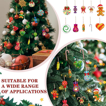 Soaoo 100 Pieces Christmas Peppermint Candy Hanging Ornaments Wood Christmas Tree Ornaments Set Lollipop Gingerbread Candy Cane Decorations with Rope Decorative Hanging Ornaments for Xmas (Stylish)