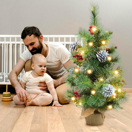 Pre-lit Mini Christmas Trees, Little Christmas Tree with Flocked Pine Needles, Pine Cones, Berries Christmas Decoration, 2 ft Burlap Base Small Trees with 25 Led Lights for Table Top Xmas Decoration