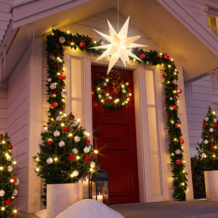 18" Moravian Star Outdoor Light - 18 Point White Christmas Star Indoor, 3D White PVC, Waterproof IP44, Battery Operated with Timer for Ballroom Porch Wedding Christmas Holiday Decoration