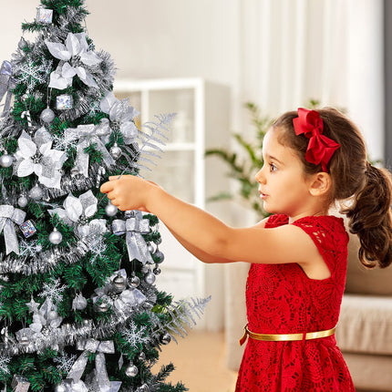 Aodaer 142 Pieces Silver Assorted Christmas Tree Ball Ornament Set Shatterproof Hanging Decoration, Christmas Tree Ball, Glitter Poinsettia, Bowknot, Tinsel, Leaves for Xmas Tree Holiday Wedding Party