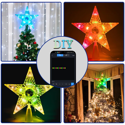 Christmas Tree Topper Smart Star, 7.6'' 10LEDs Static Dynamic Lighted Tree Topper,RGB Color Changing with Remote Controller, W/App Control, USB Powered, Music Sync, Xmas Tree Topper Holiday Decor