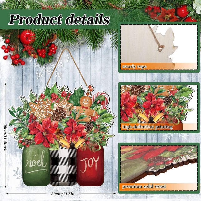 Whaline Christmas Wooden Hanging Sign Xmas Floral Welcome Door Sign Christmas Noel Joy Mason Jar Wood Door Hanger for Christmas Year Farmhouse Home Office Window Decoration