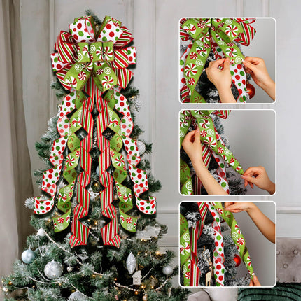 Grinchy Christmas Tree Topper Bow - 45'' x 13'' Large Glitter Polka Dot Wreath Bow with Peppermint Pattern Edge - Christmas Tree and Wreath Decor, Christmas Wired Ribbon Bow Decorations