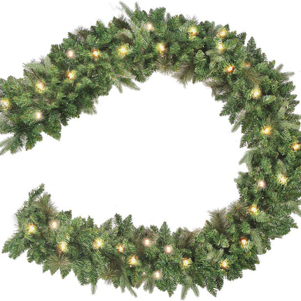 9 FT Lighted Christmas Garland, Pre-lit Christmas Garland with 50 Warm Lights, Artificial Garland for Fireplace, Stairs Railing, Front Door, Indoor and Outdoor