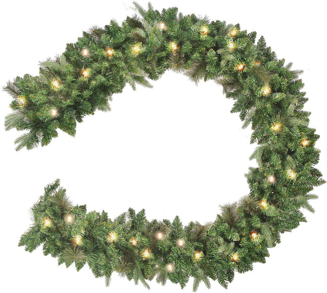 9 FT Lighted Christmas Garland, Pre-lit Christmas Garland with 50 Warm Lights, Artificial Garland for Fireplace, Stairs Railing, Front Door, Indoor and Outdoor