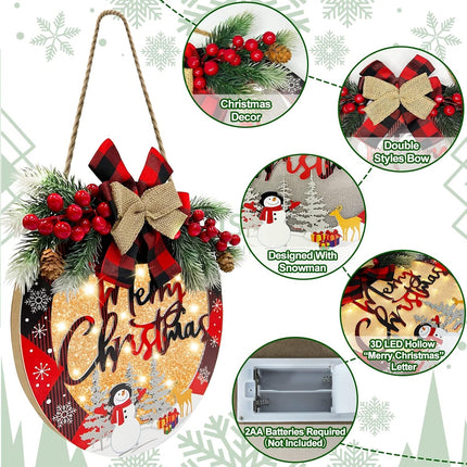 [Pre-Lit & Timer] Merry Christmas Wreath Sign for Front Door Sign with Lights Christmas Decorations Battery Operated Buffalo Plaid Bow Snowflake Snowman Decorated Window Wall Home Decor Xmas Farmhouse