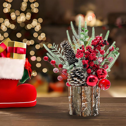 Small Christmas Tree, Artificial Mini Christmas Table Decorations with Pine Cones Red Berries Christmas Ornaments for Home Party Christmas Decorations Winter Indoor Outdoor