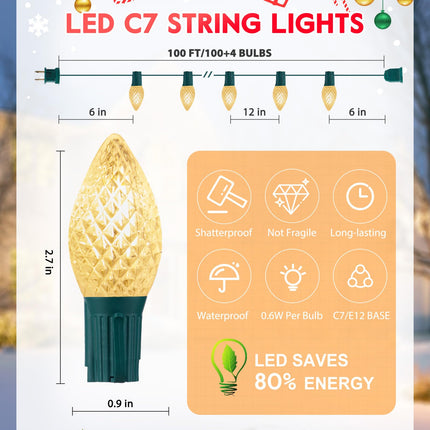 C7 LED Warm White Christmas Lights Outdoor, 100FT Christmas String Lights with 100 Plastic Bulbs, Traditional Hanging Holiday Lights for Christmas Tree Patio Fence Roofline Xmas Decorations