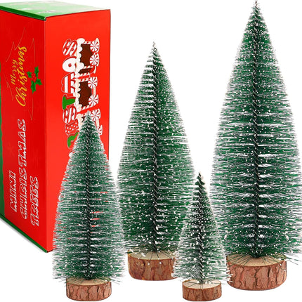 Small Christmas Tree Decorations Indoor, Bottle Brush Trees Christmas Centerpieces for Tables, Fake Pine Sisal Winter Decor with Wooden Base Box for Xmas Holiday Party Home Craft, 4Pcs