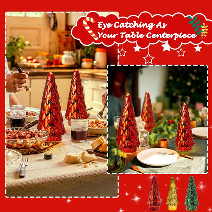 Mercury Glass Christmas Tree, 2-Pack Lighted Xmas Tree Decorations, Holiday Centerpiece Battery Operated LED with Timer, Decorative for Tabletop Window Mantel Display Party Indoor Home Decor(RED)