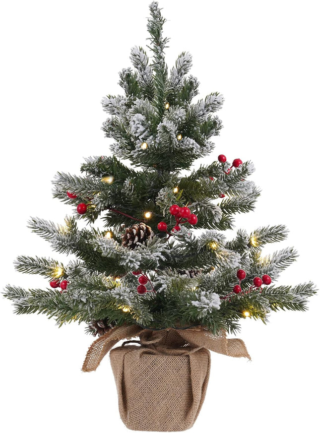 24 Inch 2 FT Pre-lit Snowy Mini Christmas Tree, DECSPAS Small Tabletop Flocked Christmas Tree with 20 LED Lights Red Berries Pine Cones and Cloth Bag Base Xmas Decorations for Holiday Party (Color A)