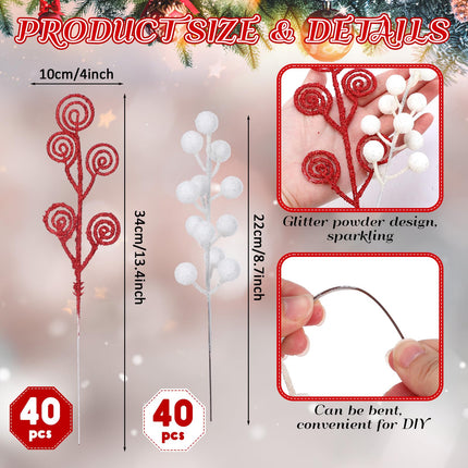 80 Pcs Red White Christmas Berry Stems Artificial Glitter Christmas Curly Candy Picks Ornaments Decorative Christmas Picks and Sprays for Xmas Tree Wreath Crafts Vase Filler Home