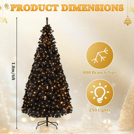 6 ft Prelit Artificial Christmas Tree with Lights Artificial Full Christmas Tree Xmas Tree with Metal Stand for Home Indoor and Outdoor Party Decorations(Black)