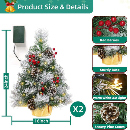 TURNMEON 2 Pack 24 Inch /2FT Tabletop Small Christmas Tree with Timer 30 Warm White Lights Battery Operated Snowy Pine Cones Red Berried, Mini Xmas Trees for Christmas Decorations Indoor Home Decor