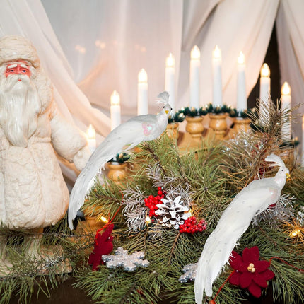 FQQWEE 6Pcs Artificial Feather White Peacock Birds with Clip Artificial Peacock Sequin Birds Clip on Christmas Tree Ornaments Simulation White Feather Peacock Crafts Xmas Tree Decor (6Pcs)