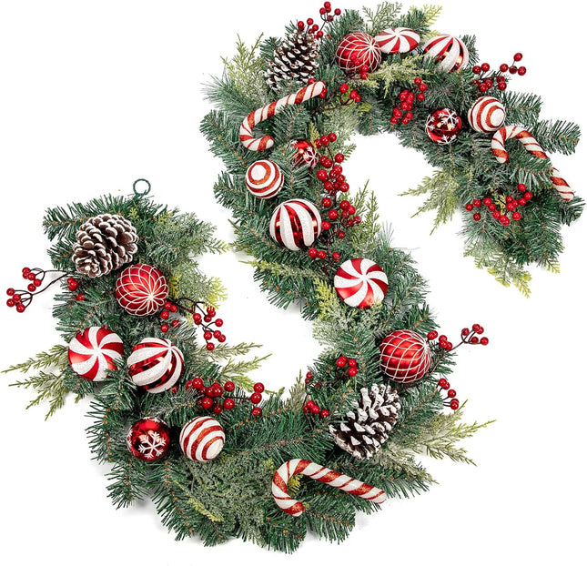 Red and White Christmas Garland 6Ft Christmas Garland Ornaments with 15 Balls, 3 Pinecones, 3 Candy Canes, Doorway Garland Christmas Decorations for Fireplace Mantel Staircase Front Door Porch Holiday