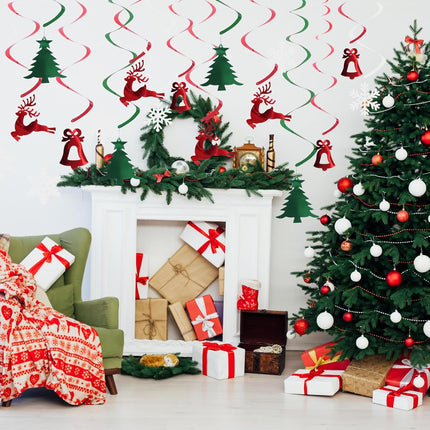 30 Pcs Christmas Hanging Foil Swirl Decorations Set, Xmas Hanging Reindeer Snowflake Green Christmas Tree Bell Swirls Decorations, Hanging String Garland for Indoor Holiday Winter Wall Party Office