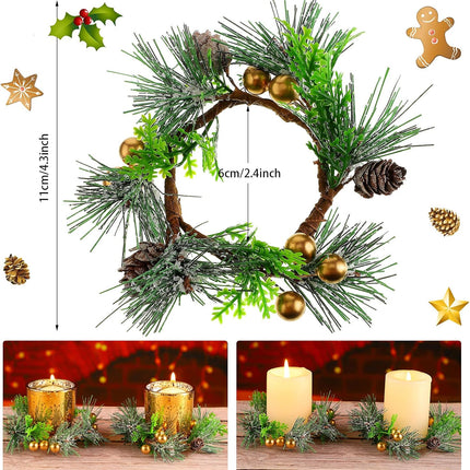 6 Pieces Christmas Candle Ring Artificial Berry Candle Rings with Pine Cones Small Wreaths for Home, Wedding, Living Room and Christmas Holiday Table Decoration (Gold, 4.7 Inch)