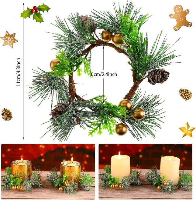 6 Pieces Christmas Candle Ring Artificial Berry Candle Rings with Pine Cones Small Wreaths for Home, Wedding, Living Room and Christmas Holiday Table Decoration (Gold, 4.7 Inch)