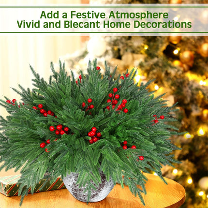 Giegxin 48 PCS Christmas Norfolk Pine Branches with Red Berry Stems 18" Artificial Norfolk Pine Stems Sprigs Artificial Christmas Branches Decorations for Xmas DIY Craft Garland Home Decor