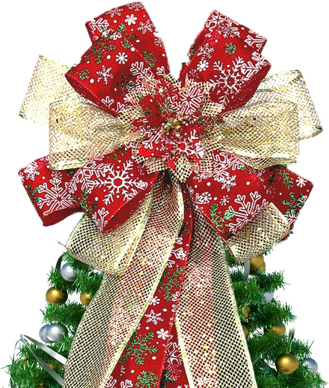 Christmas Tree Topper Bow, 55 "13" Large Glitter Artificial Flower Wreath Bow, with Long Streamer Mesh Wired Edge Ribbon Home/Restaurant Christmas Decoration
