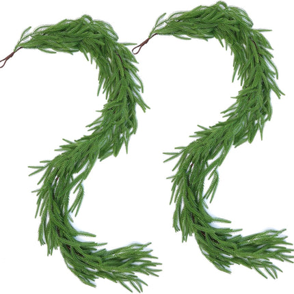 Hananona 2 Pcs Artificial Norfolk Pine Garlands, Real Touch Winter Pine Garland, Green Artificial Greenery Garland for Table, Mantle, Wall, Indoor, Outdoor Christmas Decorations (2, 6 FT)