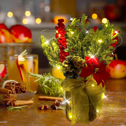 Watayo Artificial Burlap Small Christmas Tree Tabletop Decoration with Lights- 10" x 3" Mini Potted Christmas Tree Table Decoration with Red Berry Pine Cones for Home Room Mantel Party Xmas Decor