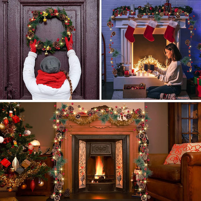 2 Pack Artificial Christmas Garland with Lights - Battery Operated 6.56FT Prelit Garland with 20 LED lights, Red Berries, Pine Cones, Pine Needles Decor for Xmas Tree Thanksgiving Home Fireplace Party