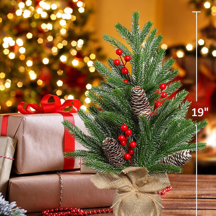 Tabletop Christmas Tree 19 Inch Artificial Mini Christmas Tree Non-Lit Snowy Small Christmas Tree with Pine Cones Red Berries for Christmas Holiday Mantle Table Top Home Indoor Decor