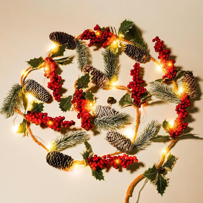 6.6FT Prelit Christmas Garland with 20 LED Lights Battery Operated Christmas Garland with Pine Cone Red Berries Lighted Christmas Garland Decoration for Mantle Stairs Fireplace