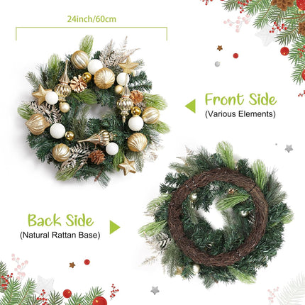 GAOMON Christmas Wreath for Front Door, 24 Inch Outdoor Christmas Wreath, Battery Operated Xmas Wreath with Gold White Ball Ornaments Pine Cones and 20 LED Lights for Home Holiday Decor
