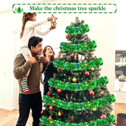 Jutom 99 ft Total 3 Pcs Christmas Pre Lighted Tinsel Garland Hanging Metal Twisted Wire Garland with LED Lights Battery Operated Christmas Garland for Christmas Tree Mantle Decoration (Green)