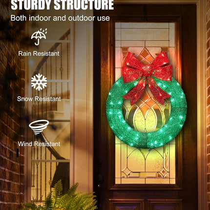 Brightown 24in Lighted Christmas Wreath Decorations, Outdoor Christmas Wreaths Holiday Decor with Bow Ribbon 60 LED Lights for Front Door Windows, Xmas s, Party Supplies, Home, Patio Lawn, Garden