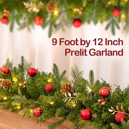 9FT Christmas Garland Prelit with Battery Operated 50 LED Lights, Artificial Xmas Greenery Garland Holiday Decoration Stairs Mantle Door Indoor Outdoor