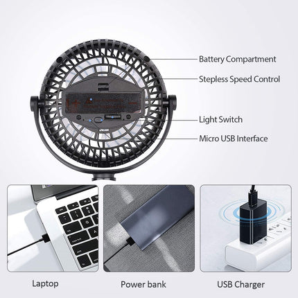 Camping Fan, Clip On Fan With Led Lights And Hook, 4 In 1 Camping Accessories, Rechargeable 2600Mah Battery/Usb Operated Personal