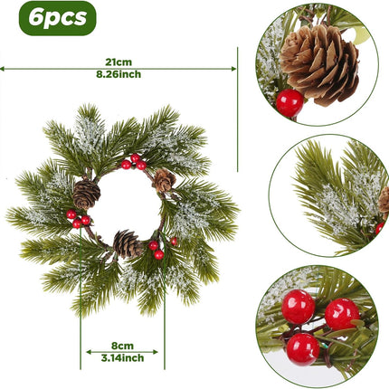 XHXSTORE 6PCS Christmas Candle Rings Christmas Small Wreath 8.26" Artificial Cedar with Pine Cones Farmhouse Wreath Artificial Snowflakes for Front Door Windows Centerpieces Tree Decorations