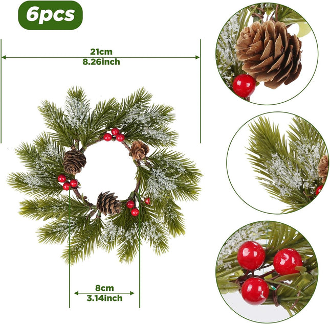 XHXSTORE 6PCS Christmas Candle Rings Christmas Small Wreath 8.26" Artificial Cedar with Pine Cones Farmhouse Wreath Artificial Snowflakes for Front Door Windows Centerpieces Tree Decorations